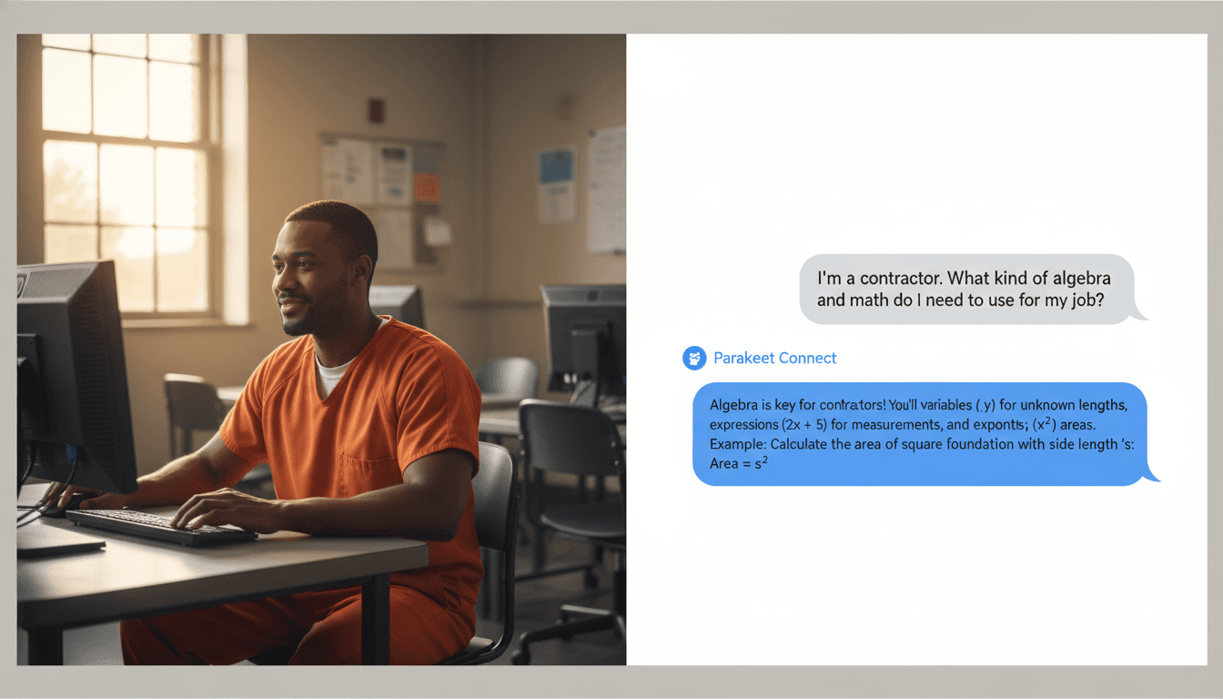 An incarcerated individual using a computer terminal in a prison computer lab