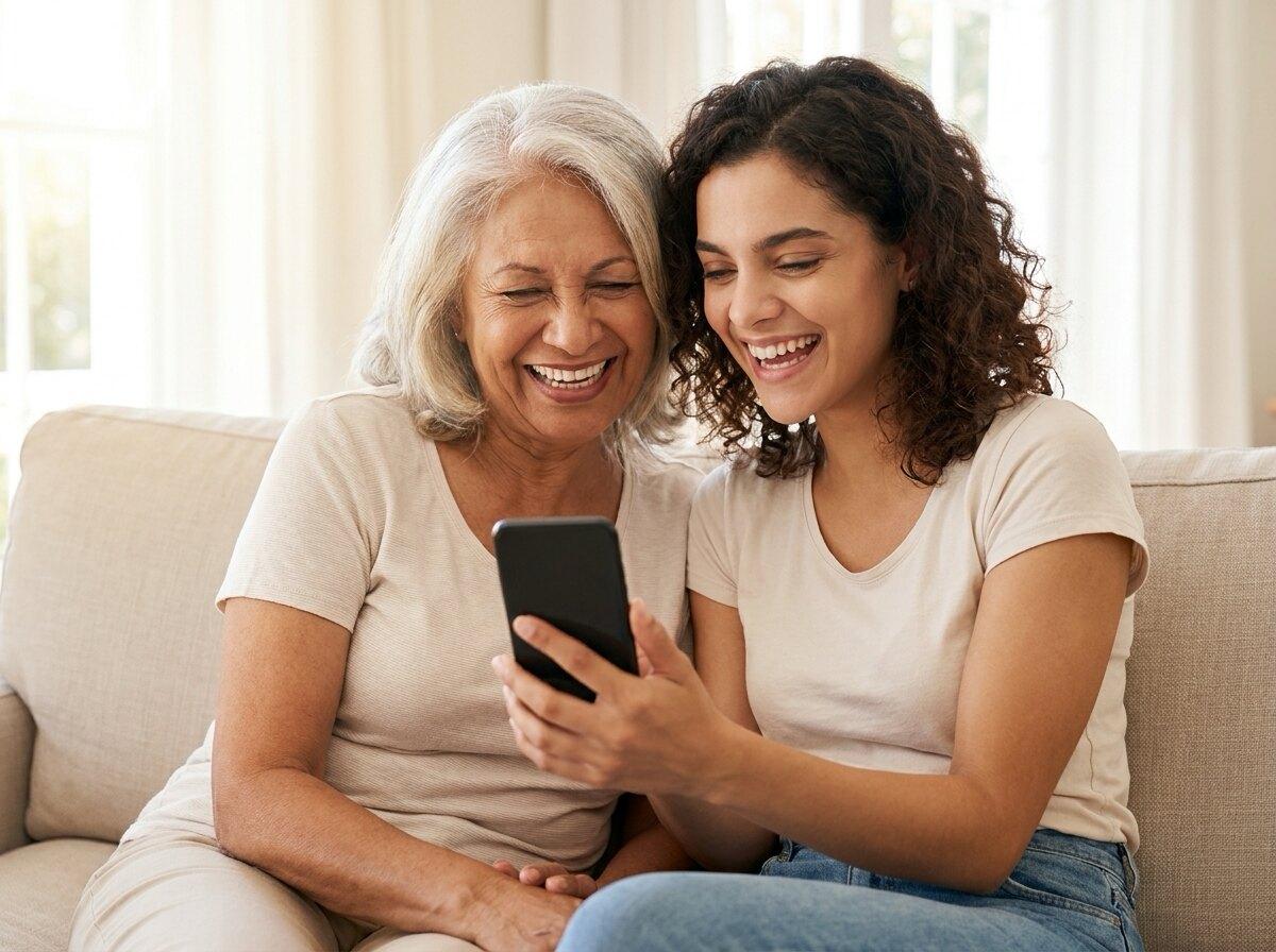 A grandmother and her daughter laughing together as they read a message on a phone